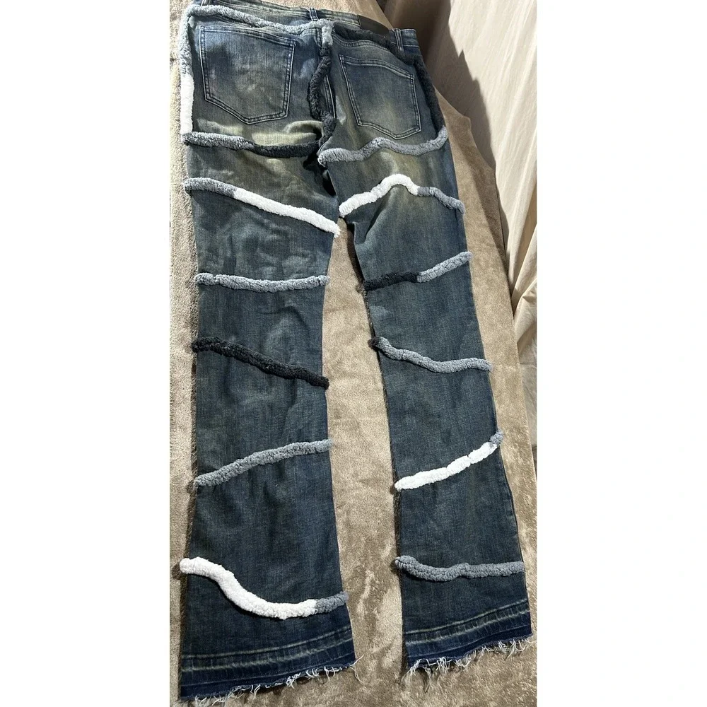 REELISTIK NYC Men's Size 36 Stacked Flare Jeans Wavy 3D Chenille Distressed Y2K